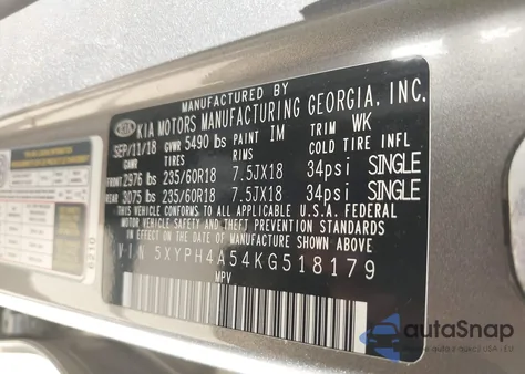 2019 Kia Sorento 3.3L Ex from USA, damaged, VIN 5XYPH4A54KG518179